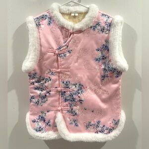 Women's Chinese New Year Vest Waistcoat Fur Trimmed Lined Pink Floral- Small